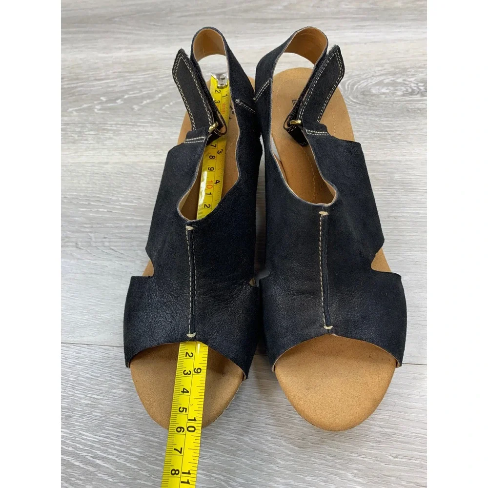 Clarks Collection Women's Sandals Black Leather‎ Cork Wedge 10 Comfort Shoes